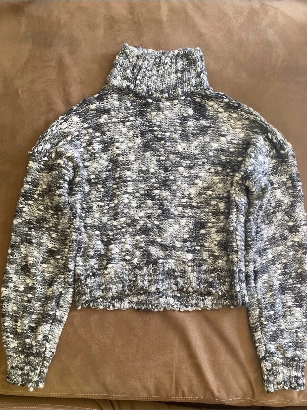 Gray and White Chunky Turtleneck Cropped Sweater